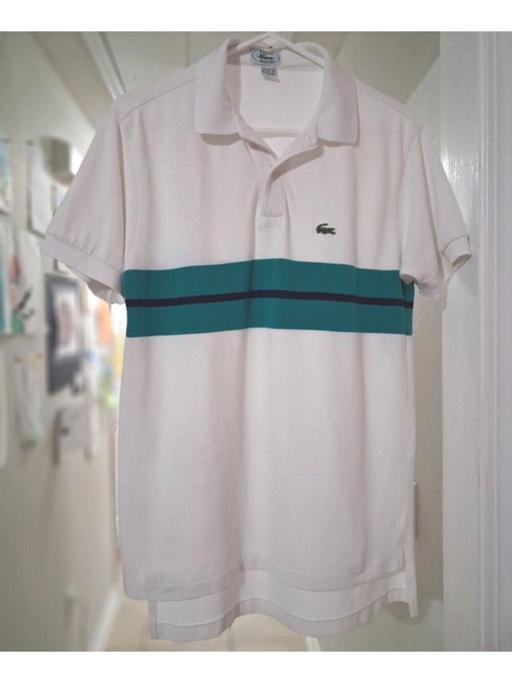 Vtg Lacoste Polo Tennis Shirt Short Sleeve White Blue Teal Stripe L Runs Small